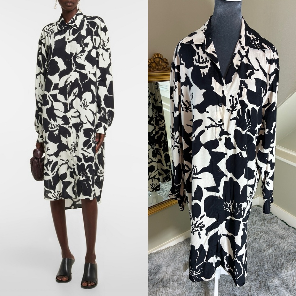 Dries Van Noten Medium Black & White Floral Dayley Shirt Dress